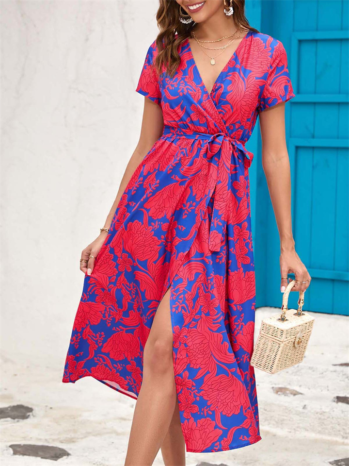 Women's Printed A-line Dress Summer Short Sleeve Printed Split V Neck Midi Skirt