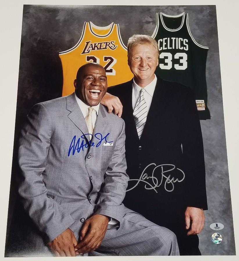 MAGIC JOHNSON + LARRY BIRD Signed 16x20 Photo Poster painting #4 Lakers Celtics Beckett BAS COA