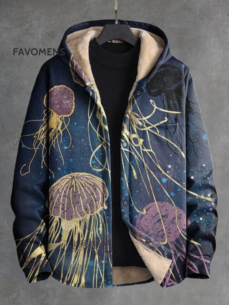 Vintage Deep Sea Jellyfish Print Waffle Plush Thickened Long Sleeve Hooded Jacket Multicolor / S