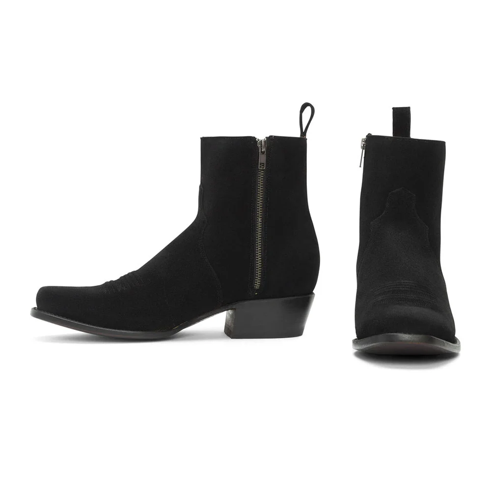 Black Vegan Suede Chunky Heel Square Toe Zipper Booties for Women