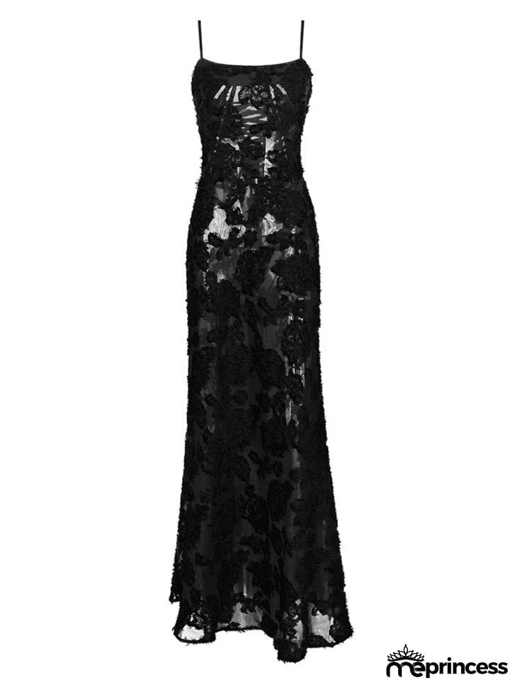 Female Sexy Black Embroidered Strappy Evening Dresses