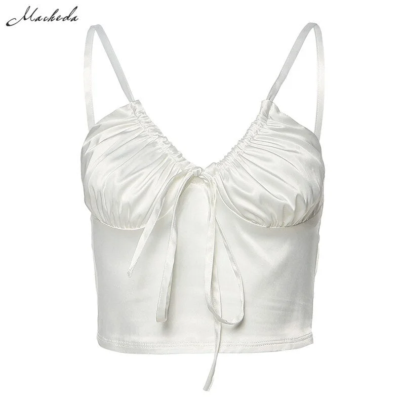 Macheda Women Casual Sleeveless Strappy Vest Top V-neck Tanks Ladies Solid Color Tops Spring Summer Party Streetwear 2020 New