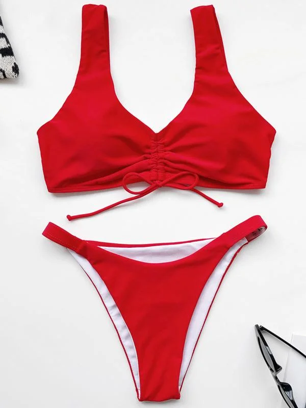 Sexy Drawstring Solid Color Split Bikini Swimsuit