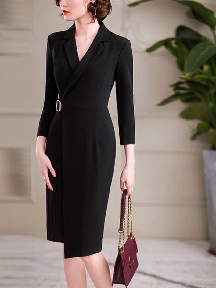 Elegant long-sleeved professional mid-length bag hip dress