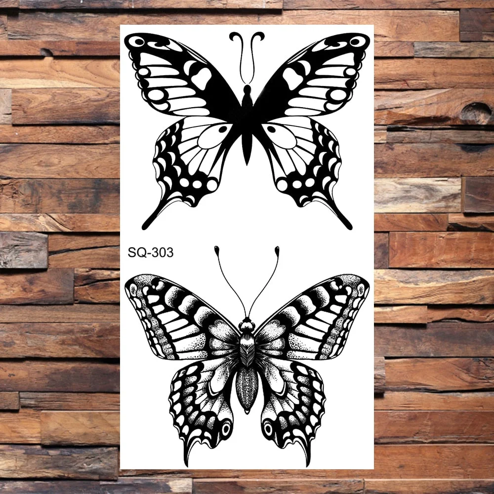 Small Butterfly Temporary Tattoos For Women Girls Realistic Skull Rose Flower Snake Feather Fake Tattoo Sticker Back Arm Tatoos