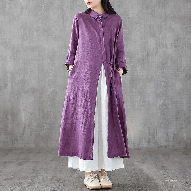 Organic lapel drawstring linen dresses Fashion Ideas purple Dress