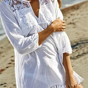 Chrleisure Women Dress 2019 Bohemian Dresses White Casual Beach Cotton Dress Tunic For Beach Patchwork Shirt Dress