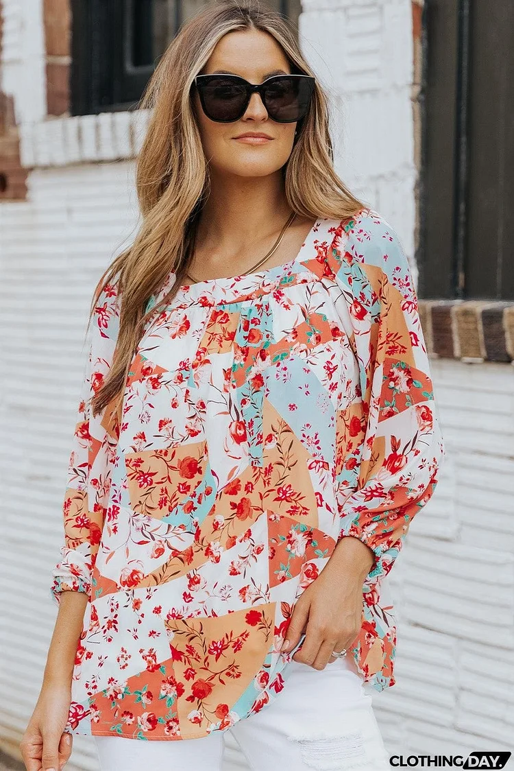 Floral Square Neck Three-Quarter Sleeve Blouse