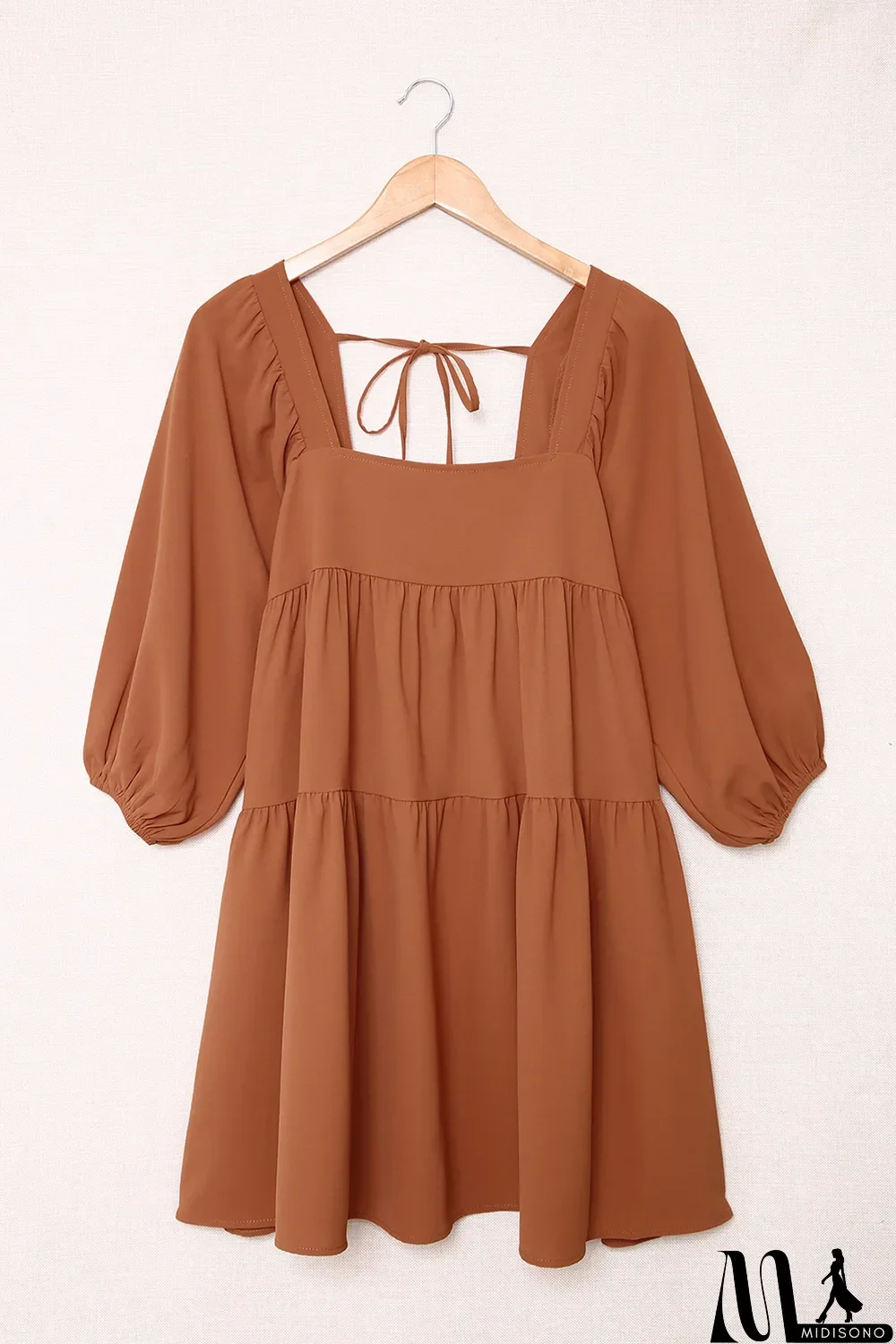MidiSono - Brown Square Neck Half Sleeve High Low Mini Dress
