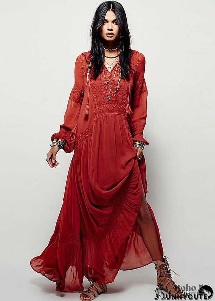 Red Long Sleeves Boho Maxi Dress Jordyn