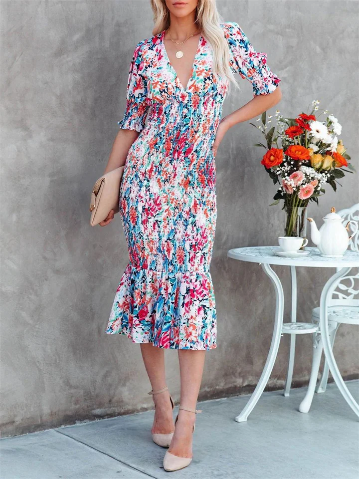 New Summer Women's Printed V-Neck Elastic Waist Ruffle Skirt Dress