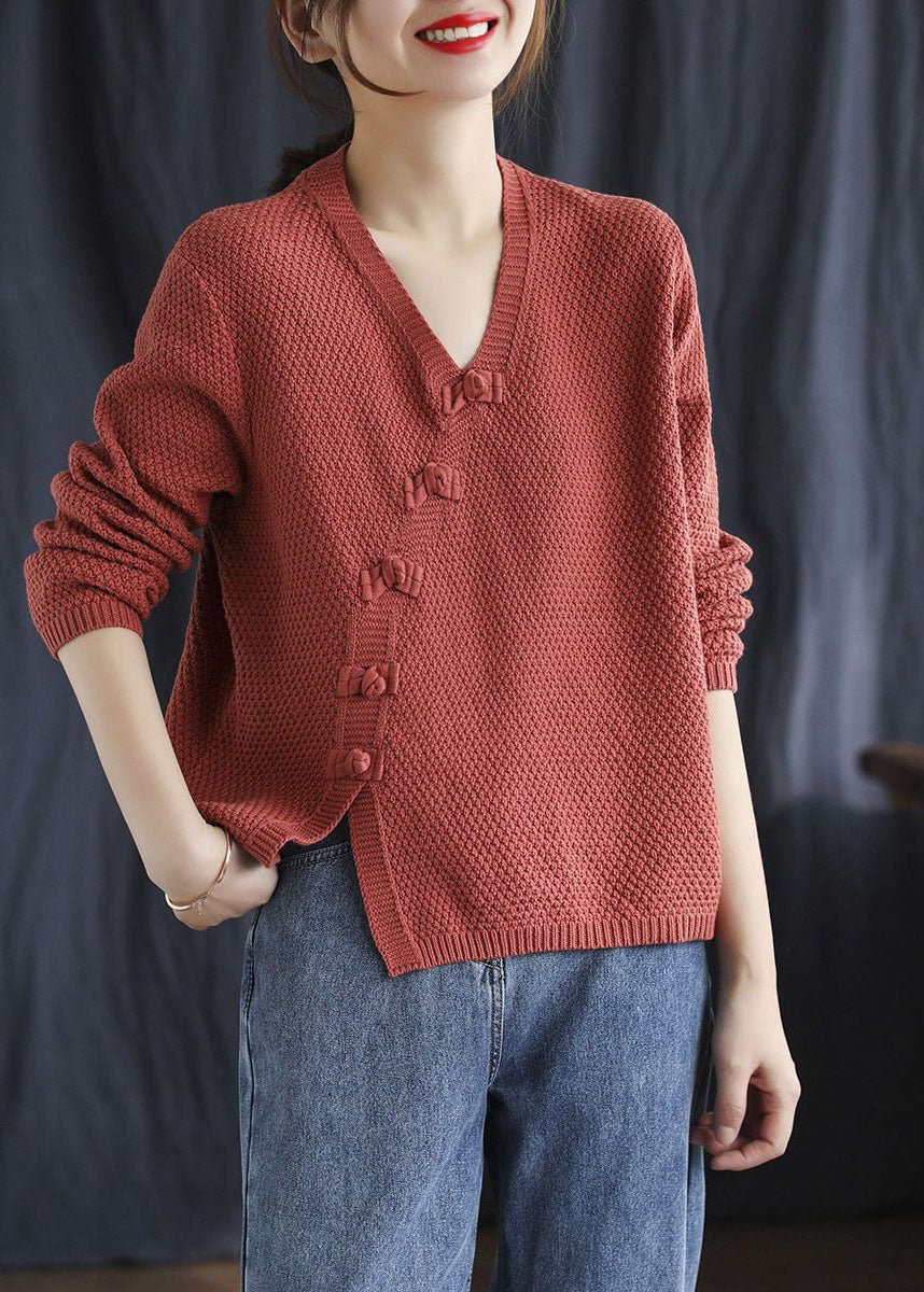 Fitted Red V Neck Button Patchwork Fall Knitted Sweaters CK1786- Fabulory