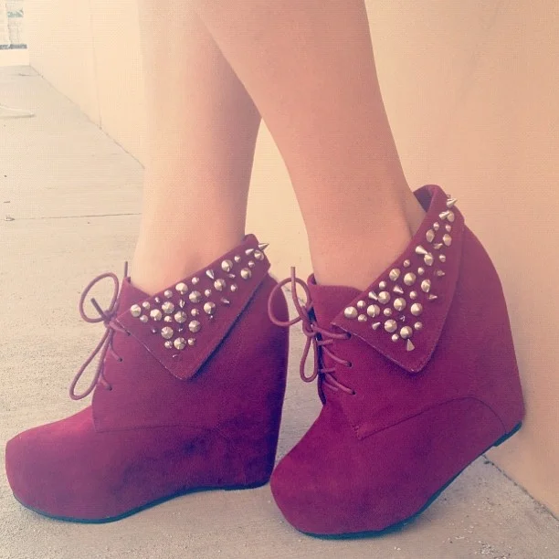 Red Vegan Suede Platform Booties Lace-Up Rivet Wedge Ankle Boots |FSJ Shoes