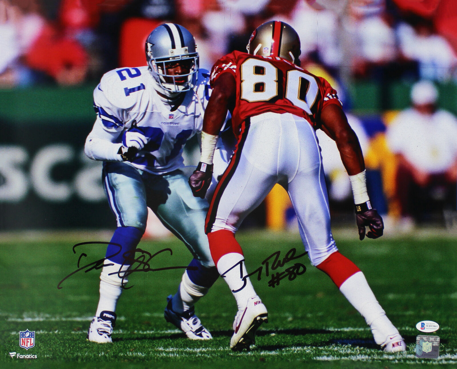 Deion Sanders & Jerry Rice Authentic Signed 16x20 Horizontal Photo Poster painting BAS Witnessed