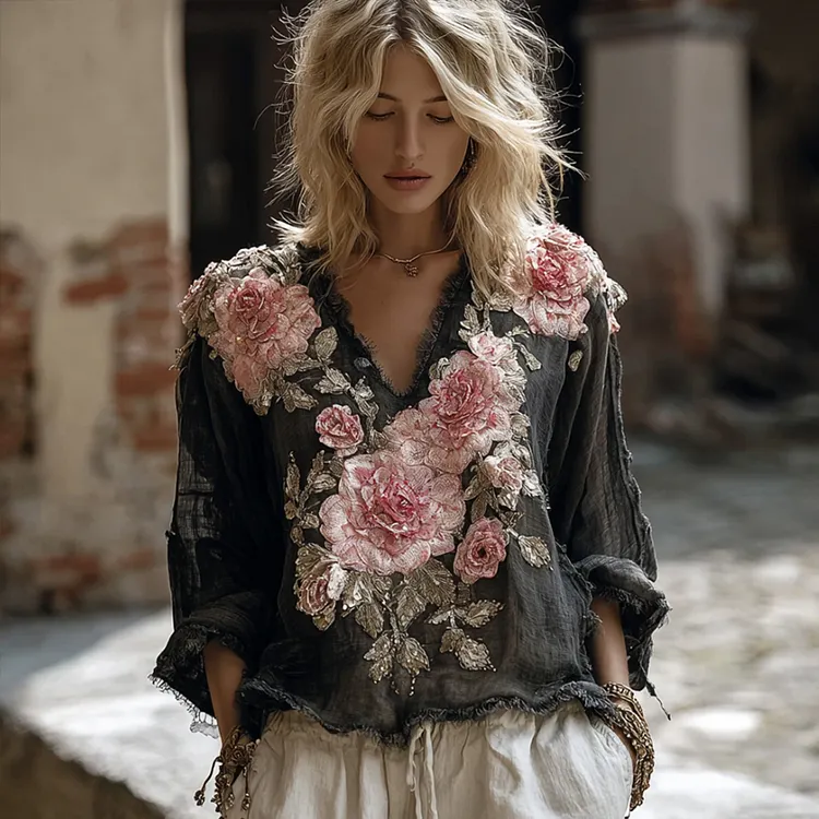 Boh&egrave;me Pink Rose Embroidery V-neck Long-sleeved Top