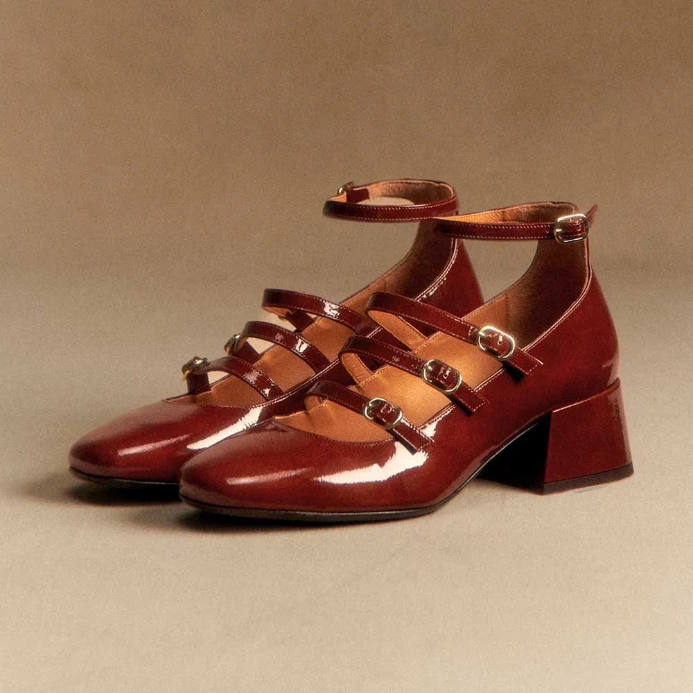 Maroon Patent Leather Square Toe Strappy Mary Jane Heels with Buckle