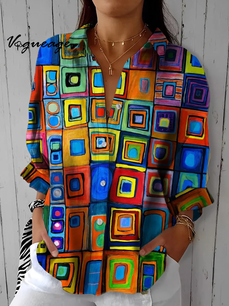 Fashionable And Beautiful Colorful Block Stitching Printed Cotton And Linen Shirt