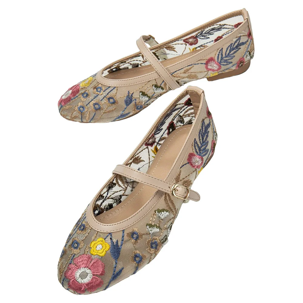 Women's Breathable Mesh Round Toe Beige Floral Mary Jane Flats