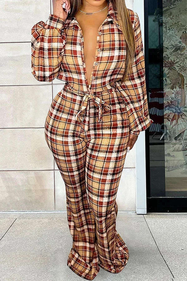 Plaid Classic Belted Micro Flared Jumpsuit