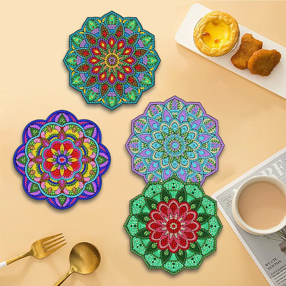 4Pcs Wooden Diamond Painting Placemats Round Diamond Art Table Mats (Mandala)