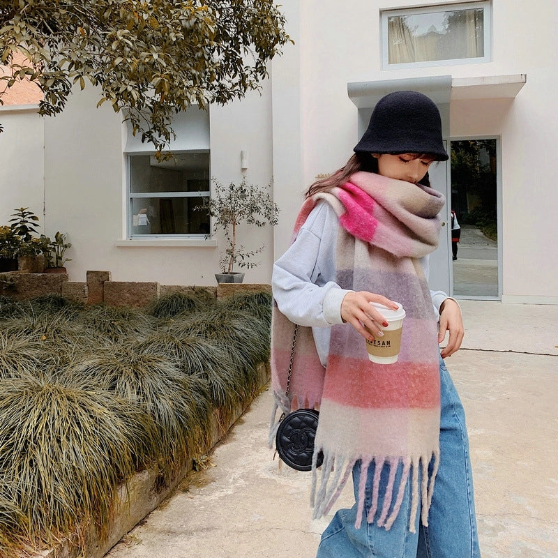 Knock On The Beauty Drop ~ A Big Love Thick Braid Rainbow Checkered Color Matching Scarf Winter Cashmere Plaid Tassel Shawl