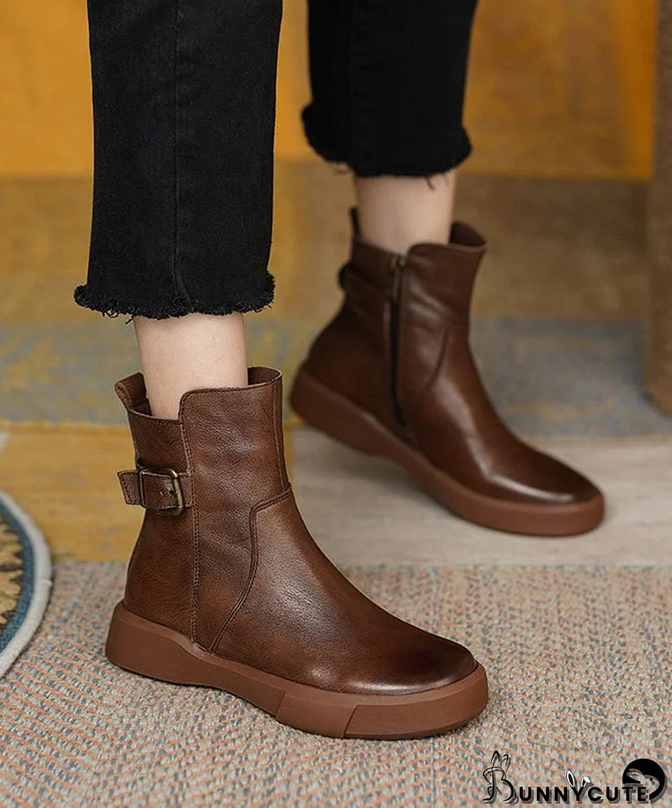 French Brown Cowhide Leather Splicing Boots