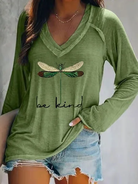 Women's Be Kind Dragonfly Graphic Print V-Neck Long Sleeve T-Shirt Top