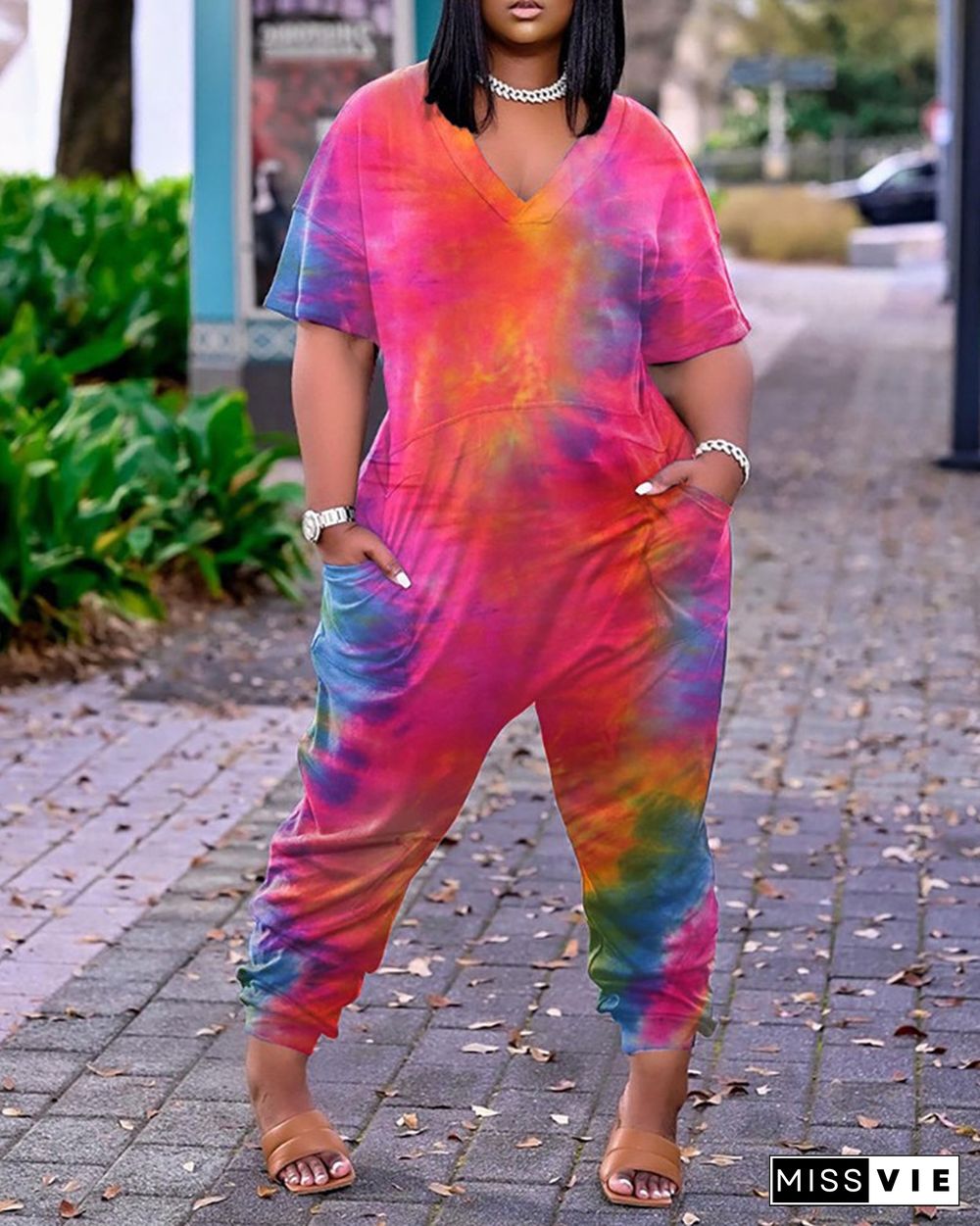 Tie Dye Print Pocket Design Short Sleeve Jumpsuit