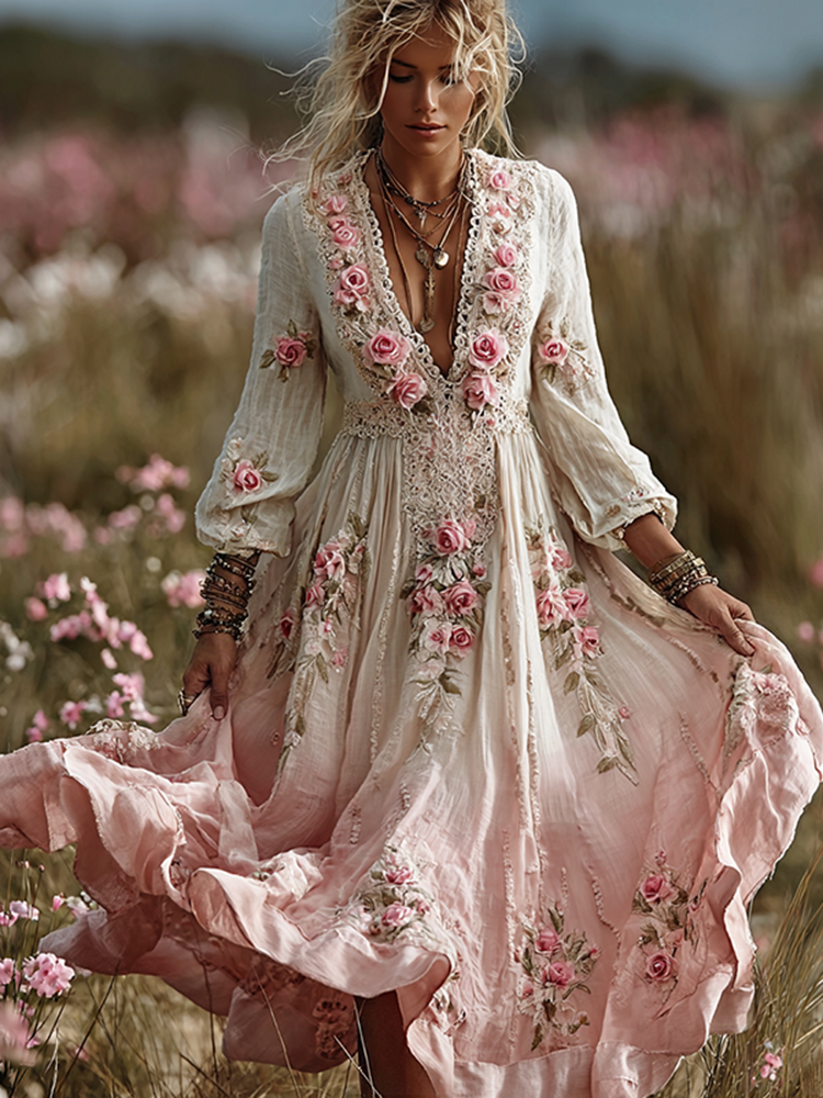 Women's Bohemian Rose Lace Gradient V-neck Maxi Dress Women's Bohemian Rose Lace Gradient V-neck Maxi Dress - Image 1