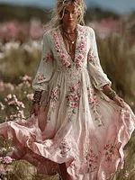 Women's Bohemian Rose Lace Gradient V-neck Maxi Dress