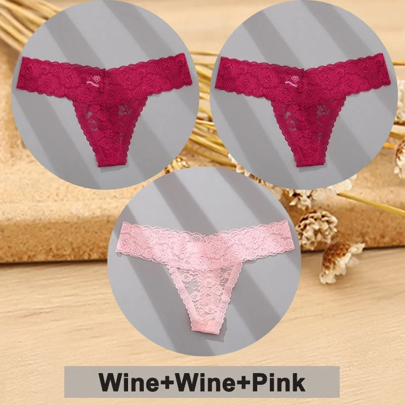 3PCS/Set Lace Panties Full Floral Underwear Women Panties Underpants Sexy Briefs Thong Lace G-String Female Lingerie Intimates