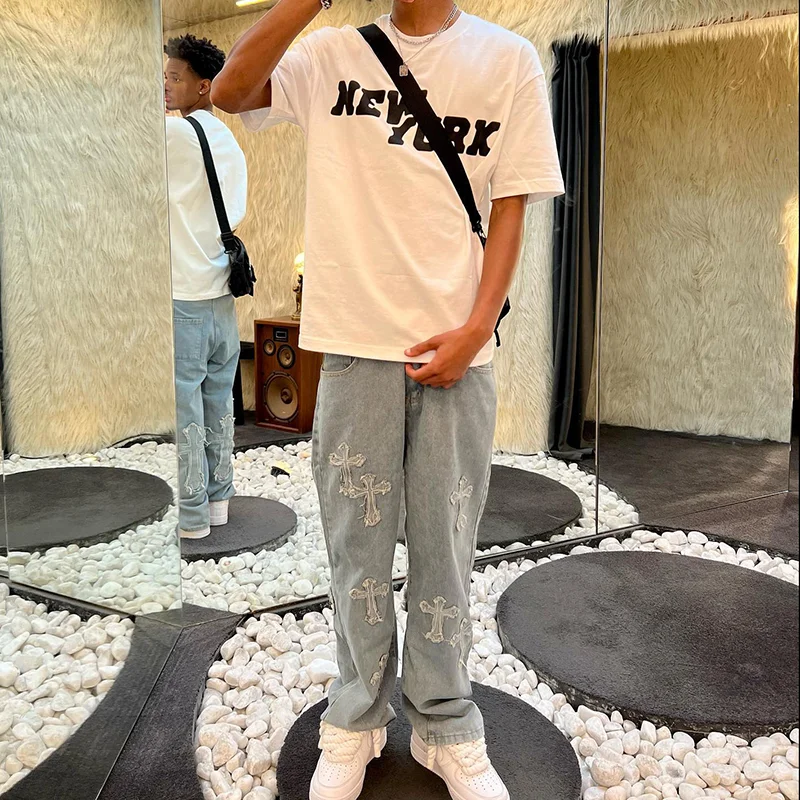 Men's Cross Embroidery Jeans Streetwear Denim Pants