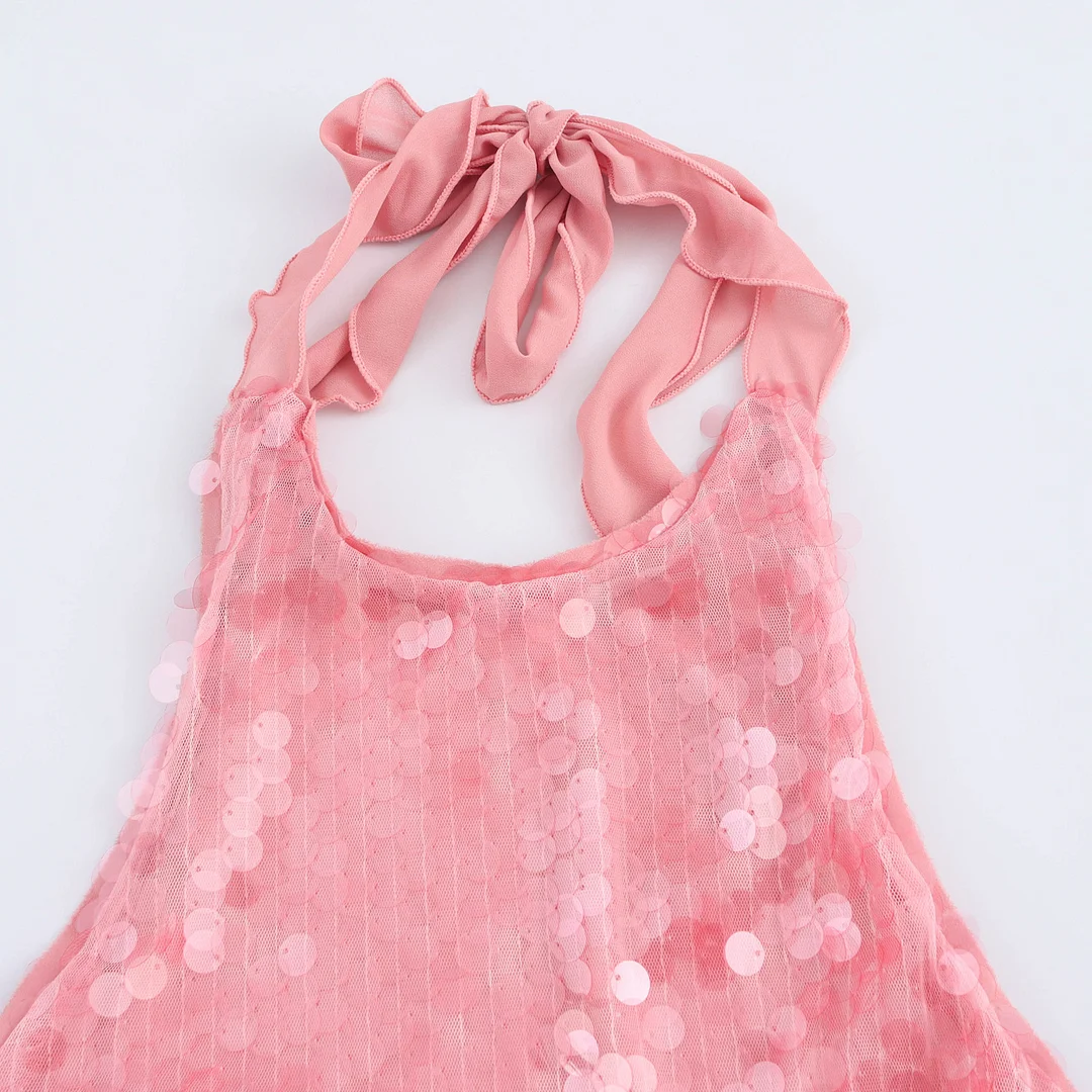 Nigikala Nigikala Women's Explosive Pink Beads Sexy Bare Back Hanging Neck Sleeveless Dress