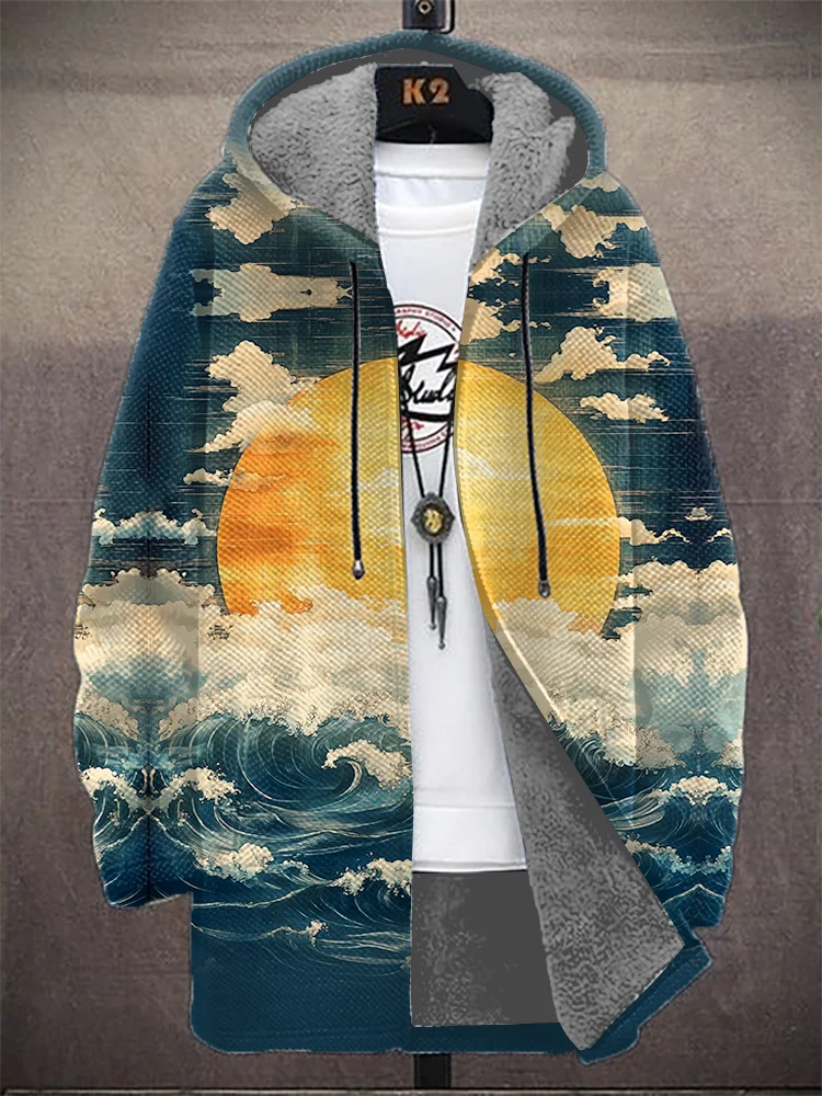Men's Autumn Ocean Sunset Japanese Art Print Hooded Trench Coat