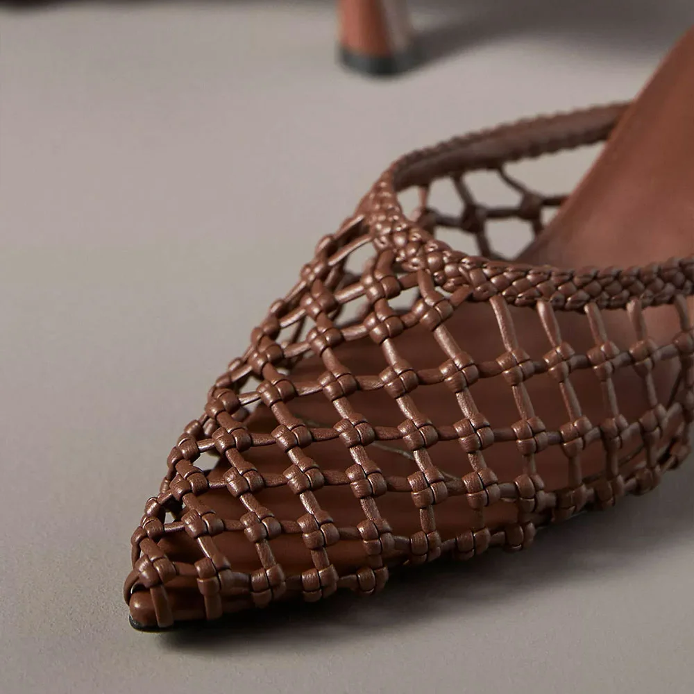 Brown Pointed Toe Braided Knotted Flared Heel Mules for Women