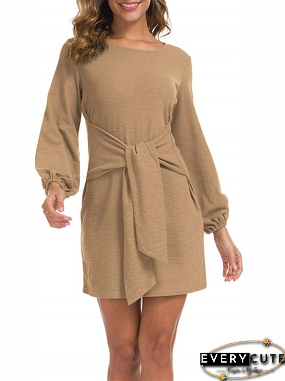 New Women's Waist Long Sleeve Strap Solid Color Dress