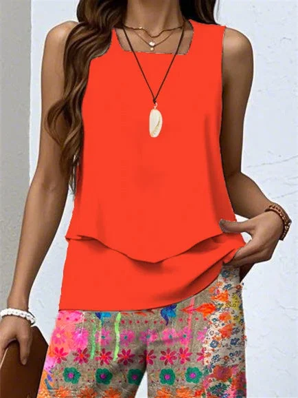 Women's Sleeveless Square Collar Graphic Printed Casual Set