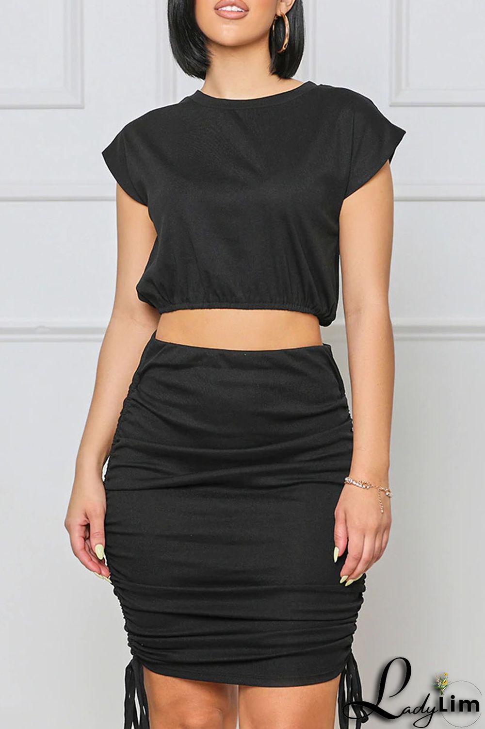 Khaki Casual Solid Split Joint O Neck Sleeveless Two Pieces