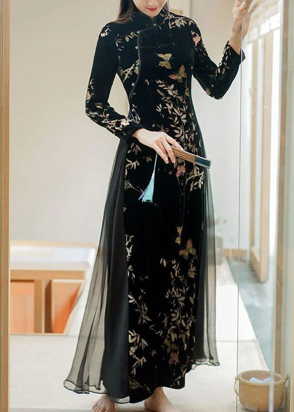 Art Black Embroideried Side Open Silk Velour Ankle Dress Spring