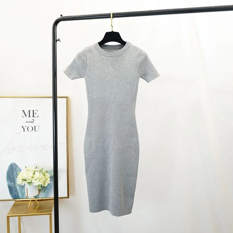 FTLZZ New Women Stretch Knitted Midi Dress Summer Spring Lady Casual O-neck Slim Knitting Bodycon Dresses Vintage Vestidos