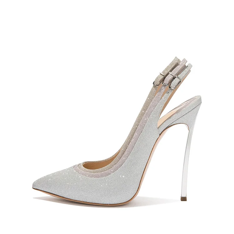 Silver Glitter Shoes Slingback Stiletto Heel Pumps |FSJ Shoes