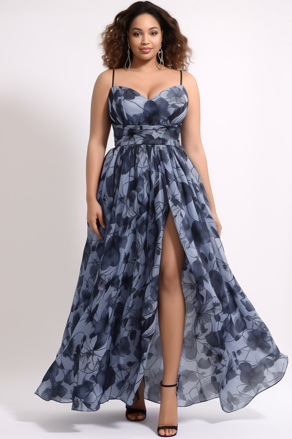 Flycurvy Plus Size Wedding Guest Blue Chiffon Floral Print Empire Waist Slit Cami Maxi Dress 2024 - Flycurvy 