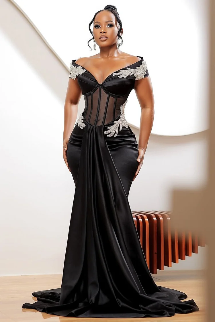 Off Shoulder Corset Rhinestone Satin Gown Maxi Dresses-Black [Pre Order]