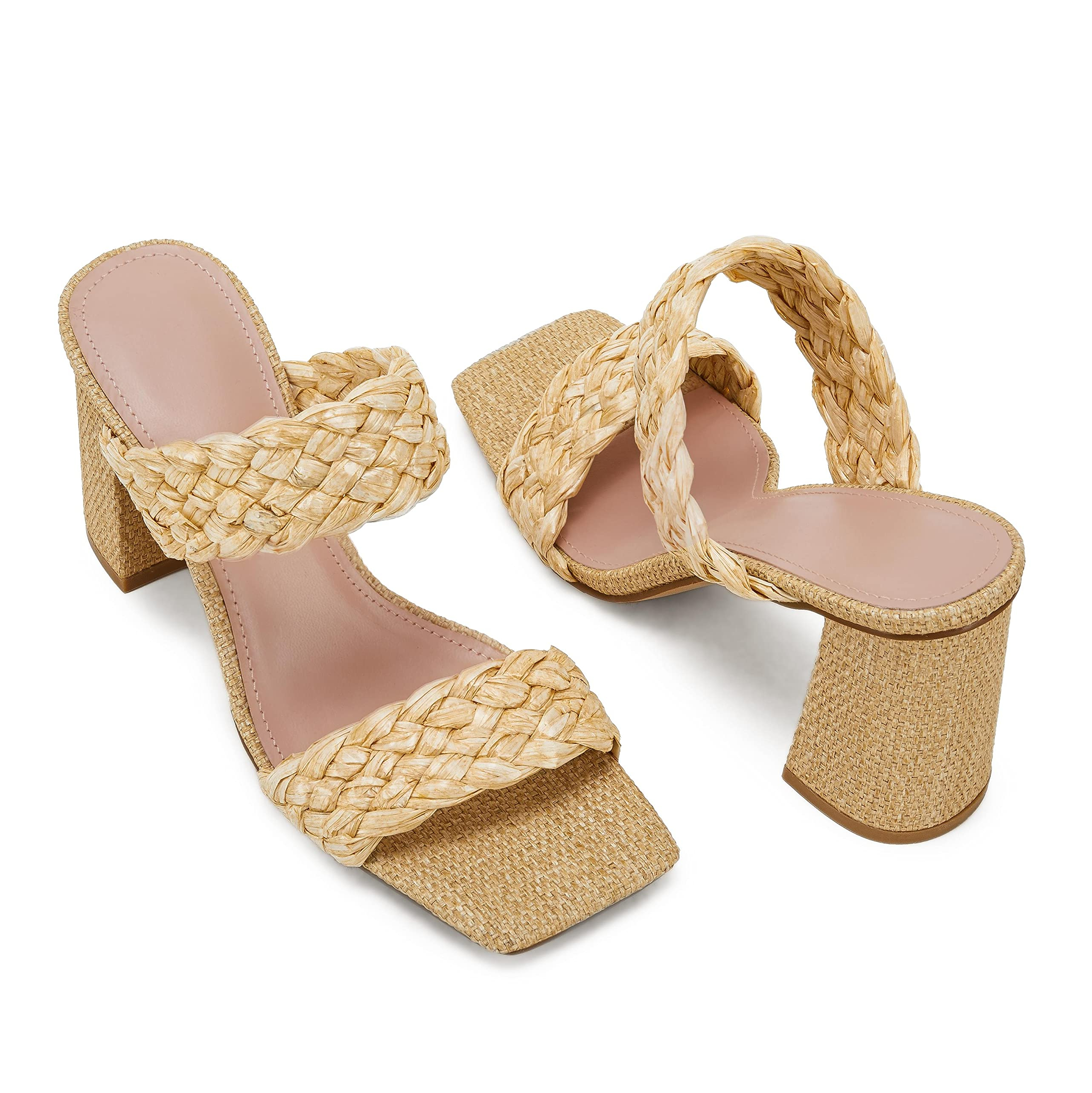 Women's Backless Square Open Toe Block Strappy Braided Heeled Sandals Yellow-vocosishoes