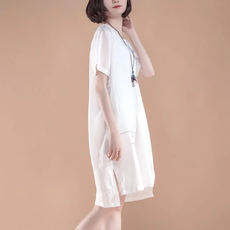 fine linen cotton dress oversize High-low Hem Summer Short Sleeve Pockets slit White Dress