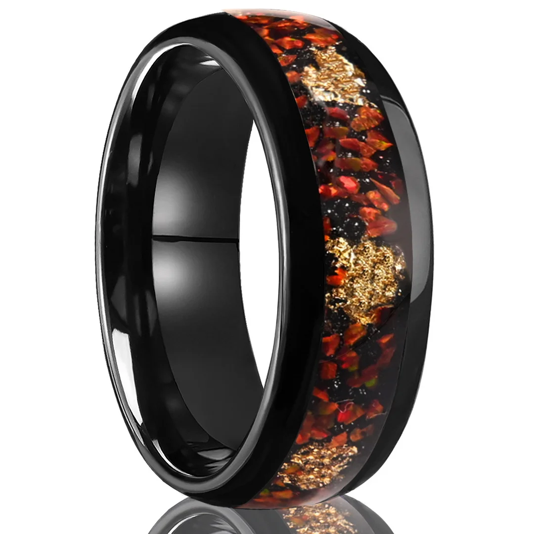 8MM Electroplated Black Tungsten Carbide Rings with Red Opal Foil Wedding Bands For Women and Men