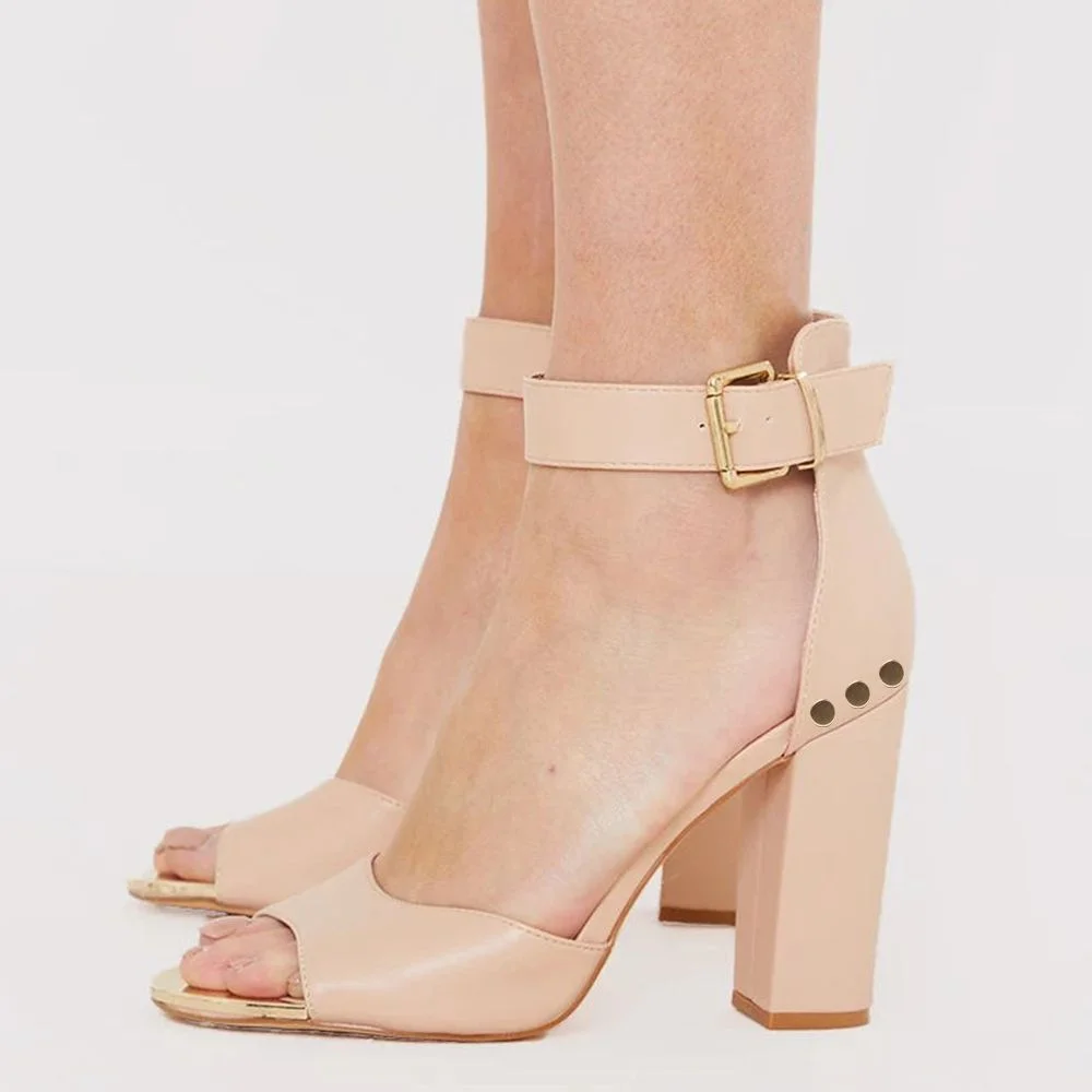 Beige Open Toe Sandals Ankle Strap Chunky Heels With Buckle Nicepairs