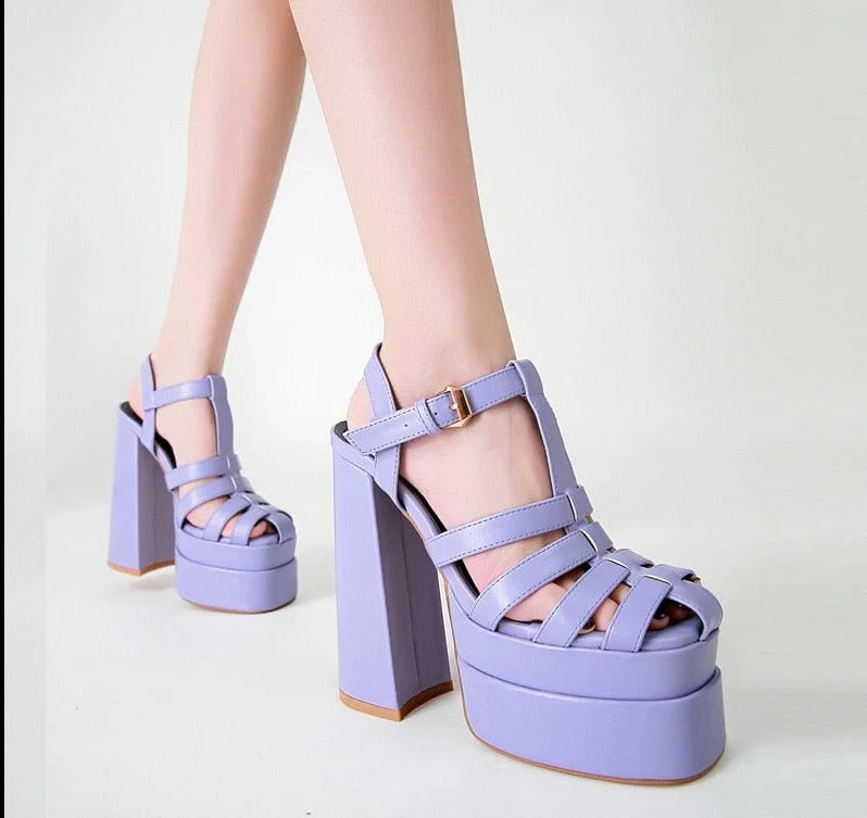  Women Sandals High Heels Open Toe Double Platorm Chunky Heeled Hollow Bucle Big Size Party Shoes Women Pumps Big Size