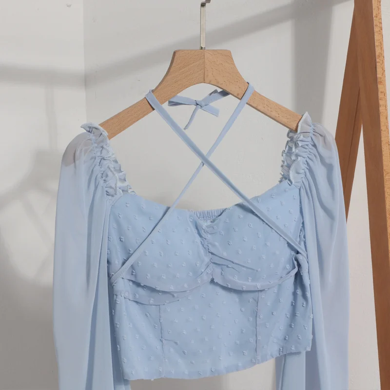 Uveng Fang Collar Leak Collar Collar Collar Short Shirt 2023 Spring Dress New Lantern Long-Sleeved Collar With Hanging Neck Shirt Women's Top 8876