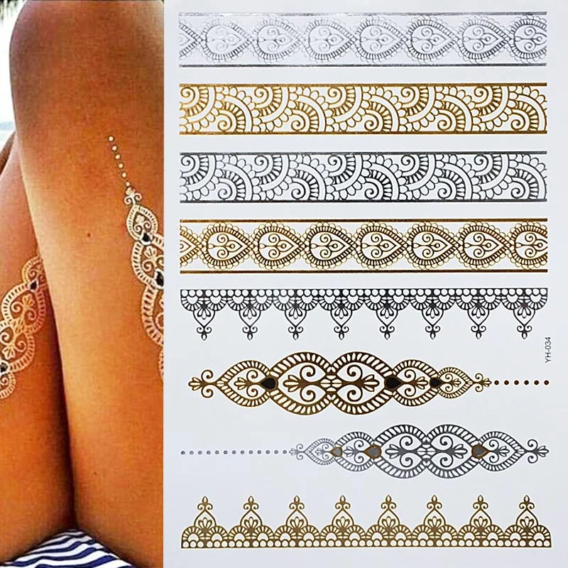 Hot Flash Metallic Waterproof Temporary Tattoo Gold Silver Tatoo Women Henna Boho Floral Design Tattoo Sticker